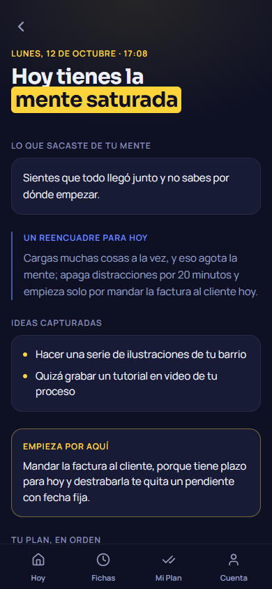 Ficha de Claridad con lo que sentiste, tus ideas, por dónde empezar y tu plan en orden